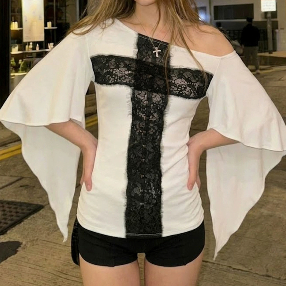 Zara Fall Lace Cross Off Shoulder Asymmetrical Flared ThreeQuarter Pullover